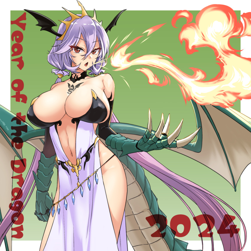 1girl 2024 abo_(hechouchou) breasts breathing_fire chest_tattoo chinese_zodiac claws cleavage dragon_girl dragon_tail dragon_tattoo dragon_wings dress fire gradient_hair hair_between_eyes highres large_breasts long_hair looking_at_viewer multicolored_hair original pelvic_curtain pink_hair purple_hair red_eyes scales simple_background solo tail tattoo two-tone_background very_long_hair wings year_of_the_dragon