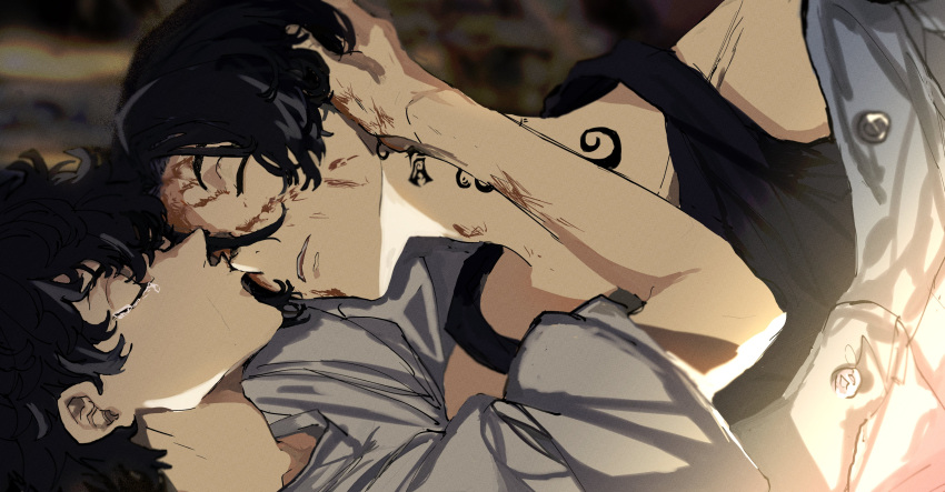 2boys absurdres black_hair black_tank_top blood blurry closed_eyes crying depth_of_field hanagaki_takemichi highres kirakira_(or4_ka) kiss kissing_nose lens_flare male_focus multiple_boys neck_tattoo parted_lips sano_manjirou shirt t-shirt tank_top tattoo tears tokyo_revengers upper_body