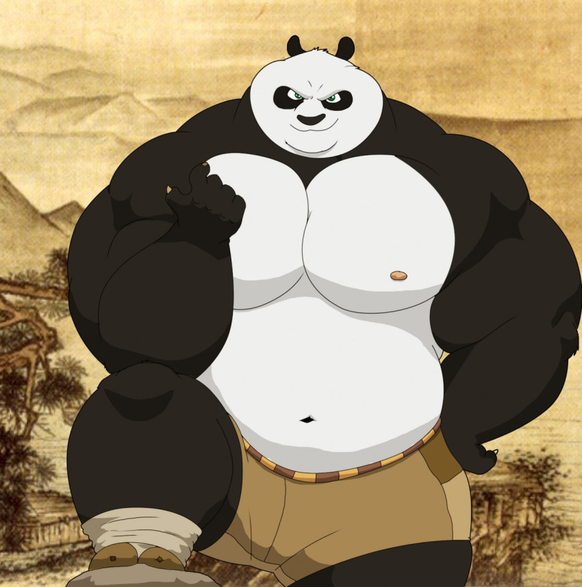 2016 anthro bear belly black_body black_fur blue_eyes bottle bottomwear clothed clothing container dreamworks footwear fur giant_panda hi_res kung_fu_panda male mammal master_po_ping muscular muscular_anthro muscular_male navel pants rock solo white_body white_fur xxsparcoxx