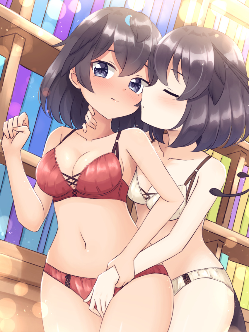 2girls absurdres arm_garter black_hair blue_eyes blush bob_cut bookshelf bra breasts cleavage closed_eyes closed_mouth commentary commission fingering frown hand_on_another's_neck highres indoors kemono_friends kiss lace-trimmed_bra lace_trim looking_at_viewer matching_outfits medium_breasts multiple_girls navel panties red_bra red_panties shiraha_maru short_hair standing superb_bird-of-paradise_(kemono_friends) underwear underwear_only western_parotia_(kemono_friends) white_bra white_panties yuri