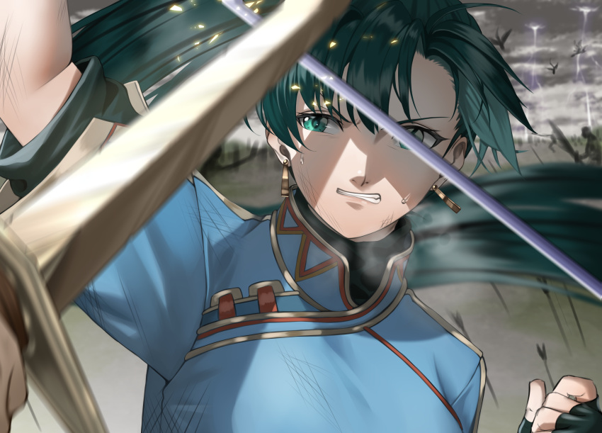 1girl battle blue_shirt delsaber duel earrings fingerless_gloves fire_emblem fire_emblem:_the_blazing_blade gloves green_eyes green_gloves green_hair highres holding holding_sword holding_weapon jewelry long_hair looking_at_viewer lyn_(fire_emblem) ponytail shirt short_sleeves sweat sword teeth very_long_hair war weapon