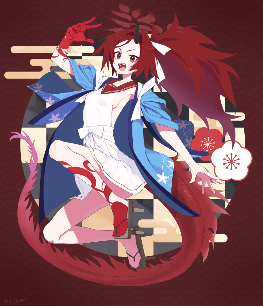 1girl aji_aji_nori black_horns blue_archive breasts flower full_body halo haori highres hip_vent horns japanese_clothes long_hair open_mouth ponytail red_eyes red_hair red_sailor_collar red_tail renge_(blue_archive) sailor_collar shirt sideless_shirt simple_background single_horn small_breasts solo tail white_shirt