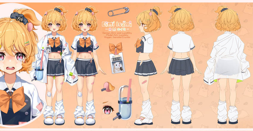 1girl animal_ears asymmetrical_hair baggy_socks bandaid bandaid_on_leg black_skirt bottle breasts character_name choppy_bangs crying earclip eimi_isami expressions hair_ornament hair_scrunchie hairclip hamster_ears hamster_girl high_ponytail highres id_card lab_coat looking_at_viewer lucidsky medium_breasts multiple_views navel neckerchief official_art orange_background orange_hair orange_neckerchief orange_ribbon oversized_clothes paperclip patchwork_clothes phase_connect pink_eyes pleated_skirt reference_sheet ribbon safety_pin school_uniform scrunchie seed shoes short_hair side_ponytail skirt sneakers sunflower_seed unbuttoned virtual_youtuber water_bottle wavy_hair white_footwear