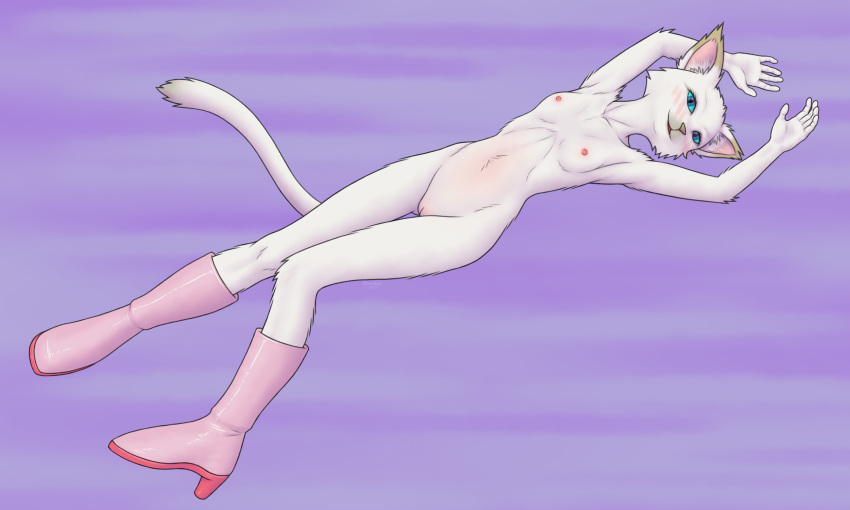 5:3 5_fingers anthro arms_above_head belly_blush belly_tuft blinx_the_time_sweeper blue_eyes blush body_blush boots boots_only breasts catherine_(blinx) cheek_tuft clothed clothing dawnlux digital_media_(artwork) dipstick_ears dipstick_tail domestic_cat facial_tuft felid feline felis female fingers fluffy footwear footwear_only fur genitals hi_res high_heeled_boots high_heels hip_dips looking_at_viewer lying mammal markings microsoft mostly_nude multicolored_body multicolored_ears multicolored_fur multicolored_tail nipples on_back open_mouth pink_clothing pussy pussy_blush raised_arms simple_background smile solo tail tail_markings thigh_gap tuft two_tone_body two_tone_fur white_body white_fur xbox_game_studios