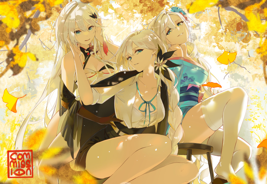 3girls absurdres apc556_(girls'_frontline) black_gloves blue_eyes braid breasts chinese_clothes cleavage commission elbow_gloves flower girls'_frontline gloves hair_flower hair_ornament highres japanese_clothes keya_(user_pnkz5883) kimono long_braid long_hair looking_at_viewer multiple_girls multiple_persona official_alternate_costume parted_lips sitting smile stool thighhighs white_background white_hair wooden_stool