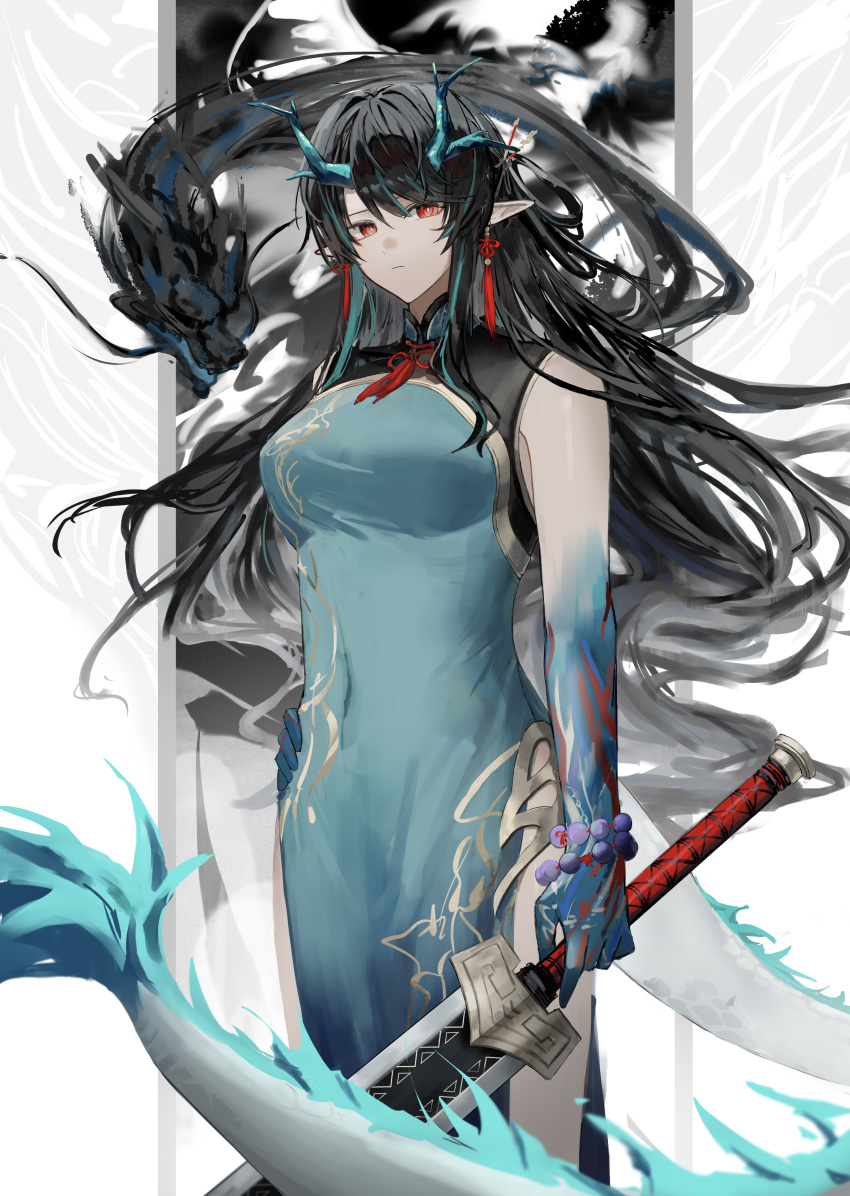 1girl absurdres aqua_dress aqua_hair arknights black_hair colored_skin commentary dragon dragon_girl dragon_horns dragon_tail dress dusk_(arknights) dusk_(everything_is_a_miracle)_(arknights) eastern_dragon expressionless frown highres holding holding_sword holding_weapon horns ink long_hair looking_at_viewer multicolored_hair pointy_ears red_eyes shiro_(siro_kuten) simple_background solo streaked_hair sword tail wavy_hair weapon white_background