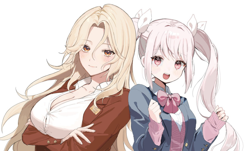 2girls alice_(nikke) alternate_costume blonde_hair blue_cardigan blue_jacket blush bow bowtie breasts button_gap cardigan cleavage closed_mouth crossed_arms forehead goddess_of_victory:_nikke hair_ornament highres jacket kumo_tabetai long_sleeves looking_at_viewer ludmilla_(nikke) multiple_girls nail open_mouth parted_bangs partially_unbuttoned pink_hair pink_shirt red_eyes ribbon school_uniform shirt smile twintails upper_body white_ribbon