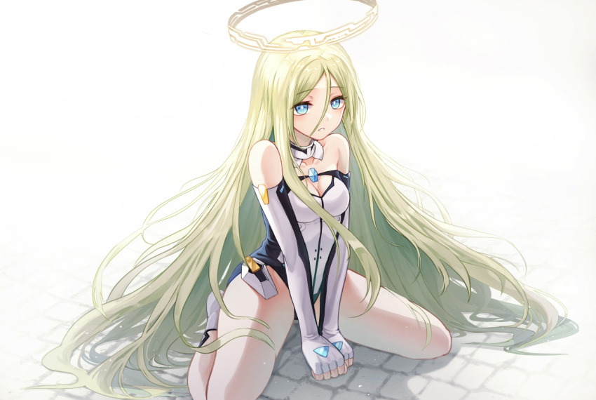 1girl bare_shoulders blonde_hair blue_eyes bodysuit breasts brick_road cleavage cleavage_cutout clothing_cutout forever_7th_capital hair_between_eyes halo long_hair looking_at_viewer medium_breasts myung_yi parted_lips sitting solo thighs v_arms very_long_hair white_footwear yokozuwari
