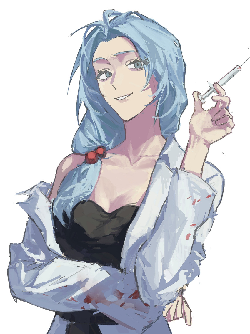 1girl absurdres aqua_eyes black_tank_top blood blood_on_clothes blue_hair breasts cleavage enomoto_noa highres holding holding_syringe iuew lab_coat large_breasts long_hair long_sleeves low_ponytail parted_bangs saibou_shinkyoku side_ponytail simple_background smile solo syringe tank_top upper_body white_background