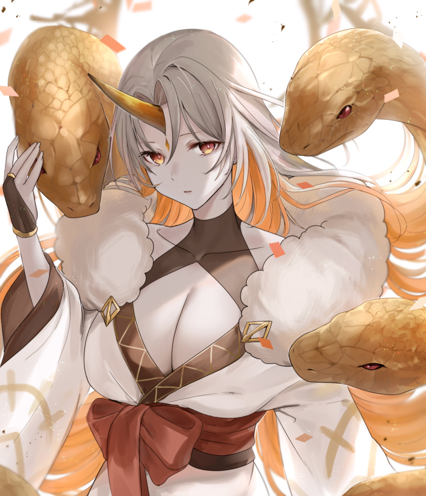 1girl alternate_costume blonde_hair breasts cleavage expressionless fingerless_gloves fire_emblem fire_emblem_heroes forehead_jewel gloves grey_hair gullveig_(fire_emblem) haru_(nakajou-28) highres horns japanese_clothes kimono large_breasts long_hair long_sleeves looking_at_viewer multicolored_hair pale_skin sash single_horn snake snake_hair solo two-tone_hair wide_sleeves yellow_eyes