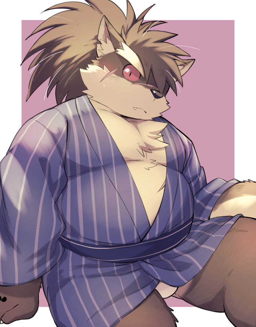 absurd_res anthro asian_clothing belly brown_body brown_fur bulge canid canine canis clothing domestic_dog east_asian_clothing eyebrows fundoshi fur hair hair_over_eye hi_res japanese_clothing kimono kinoshita-jiroh lifewonders male mammal musclegut one_eye_obstructed pecs ponytail red_eyes scar shino_(housamo) solo thick_eyebrows tokyo_afterschool_summoners underwear