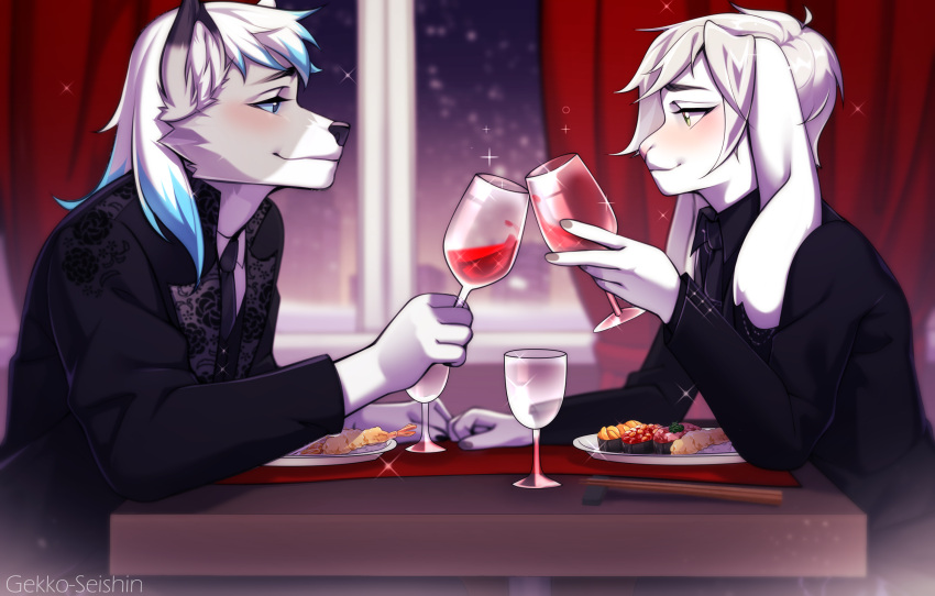 alcohol anthro beverage blush canid canine canis container cup dante_kinkade date dinner dinner_table drinking_glass duo eye_contact fancy_clothing gekko-seishin glass glass_container glass_cup hi_res holidays lagomorph leporid looking_at_another male male/male mammal rabbit restaurant romantic suit_jacket valentine's_day wine wine_glass wolf zack_(thezackrabbit)