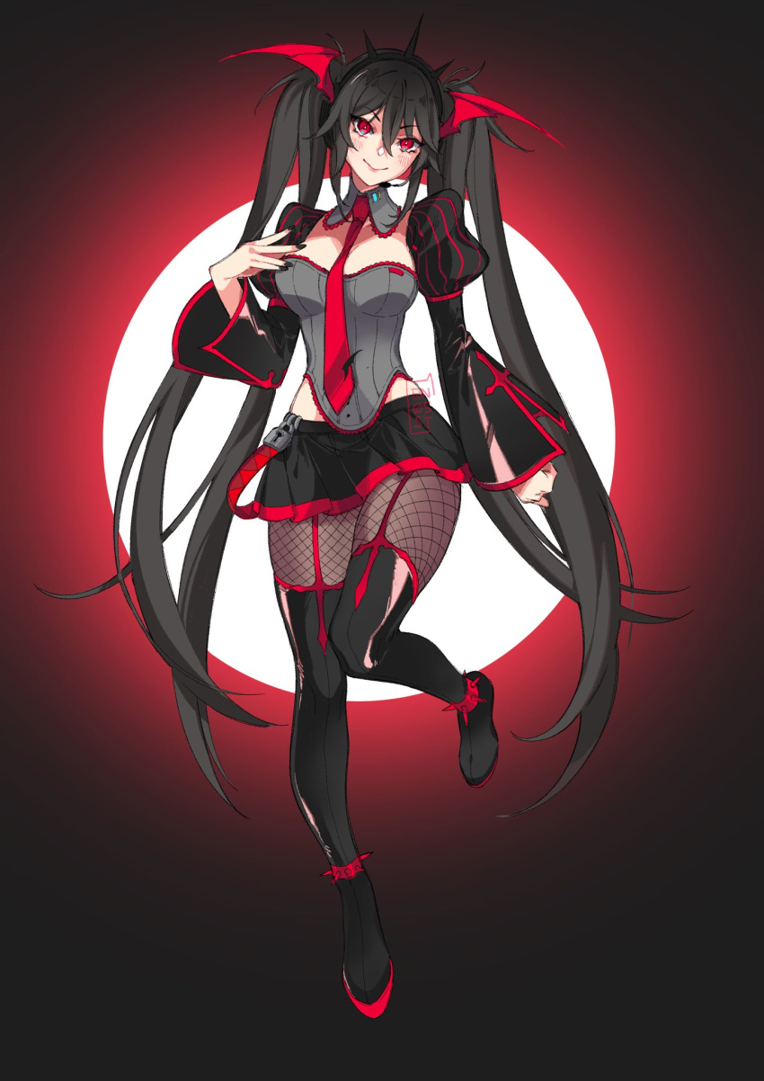 1girl artist_logo bat_wings black_hair black_nails blush boots detached_sleeves enosst fishnets full_body hair_between_eyes head_wings headset highres long_hair nail_polish necktie red_eyes red_necktie smile solo thigh_boots twintails very_long_hair vocaloid wings zatsune_miku