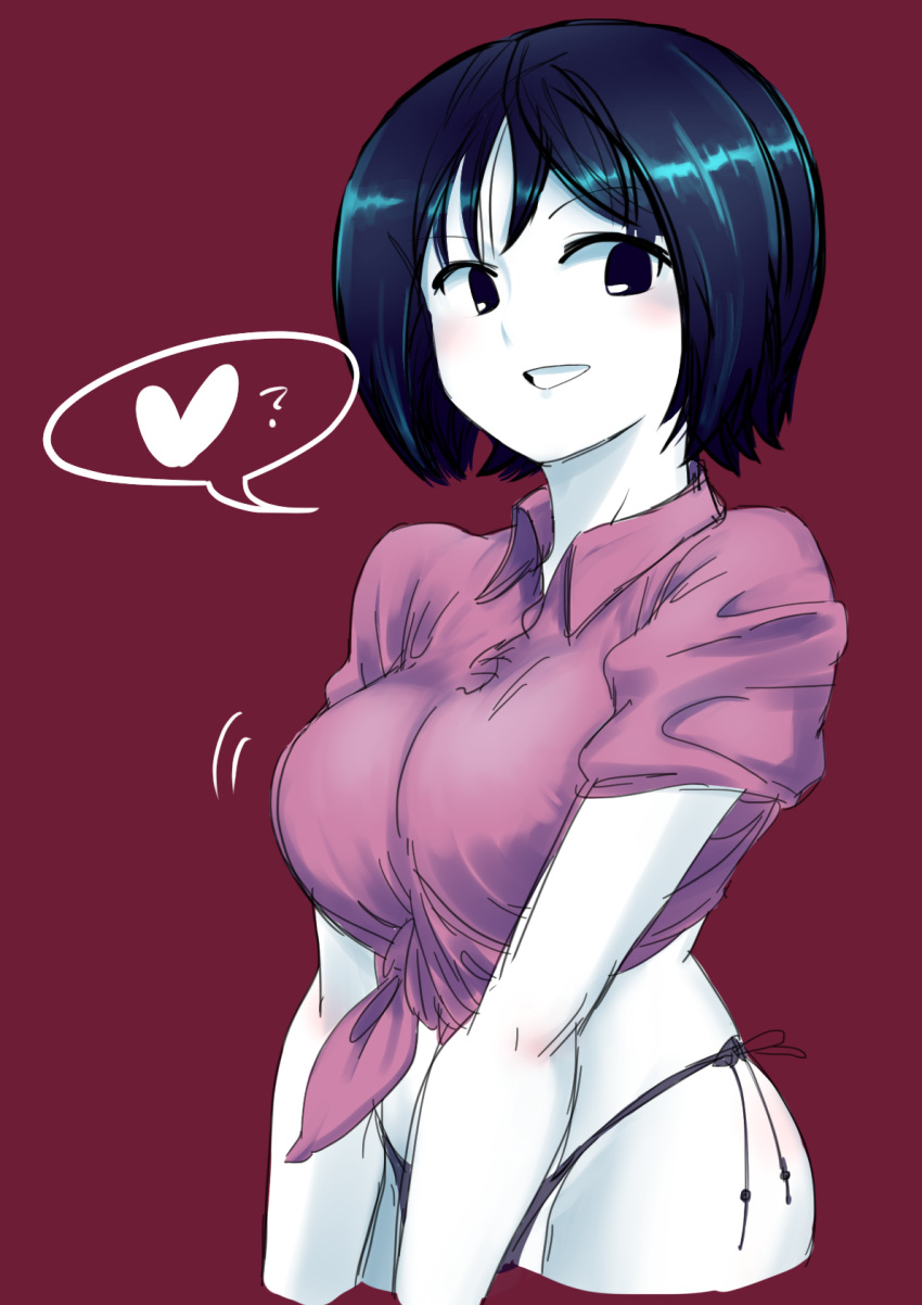 1girl alternate_costume black_eyes black_hair black_panties blush breasts collared_shirt colored_skin commentary_request cookie_(touhou) grin heart highres large_breasts looking_at_viewer medium_bangs milk_(cookie) murasa_minamitsu panties parupunte_(nicoseiga51964270) pink_shirt red_background shirt short_hair simple_background smile solo spoken_heart tied_shirt touhou underwear upper_body white_skin