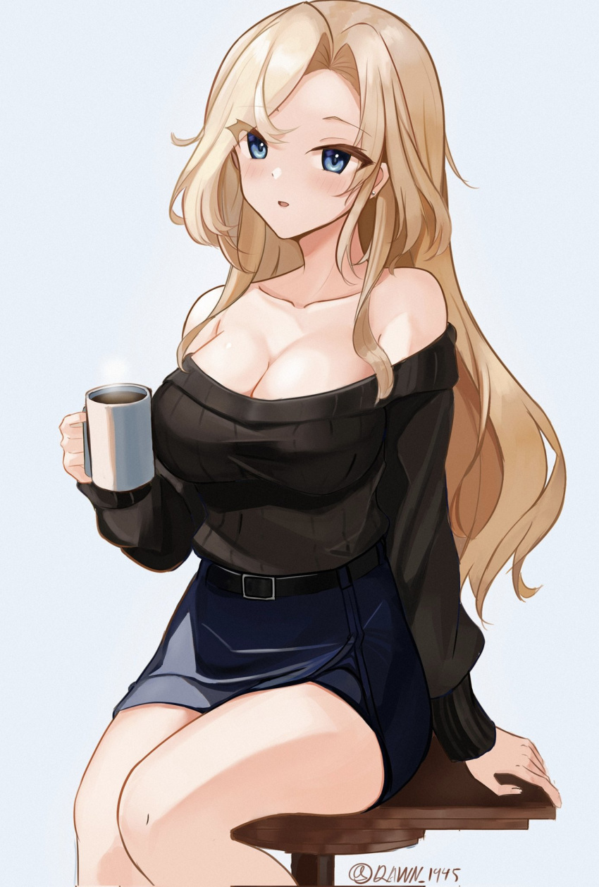 1girl bare_shoulders black_sweater blonde_hair blue_eyes blue_skirt blush breasts cleavage collarbone cup dawn_1945 highres holding holding_cup hornet_(kancolle) kantai_collection large_breasts long_hair long_sleeves looking_at_viewer mug off-shoulder_sweater off_shoulder parted_lips pencil_skirt simple_background sitting skirt solo stool sweater twitter_username