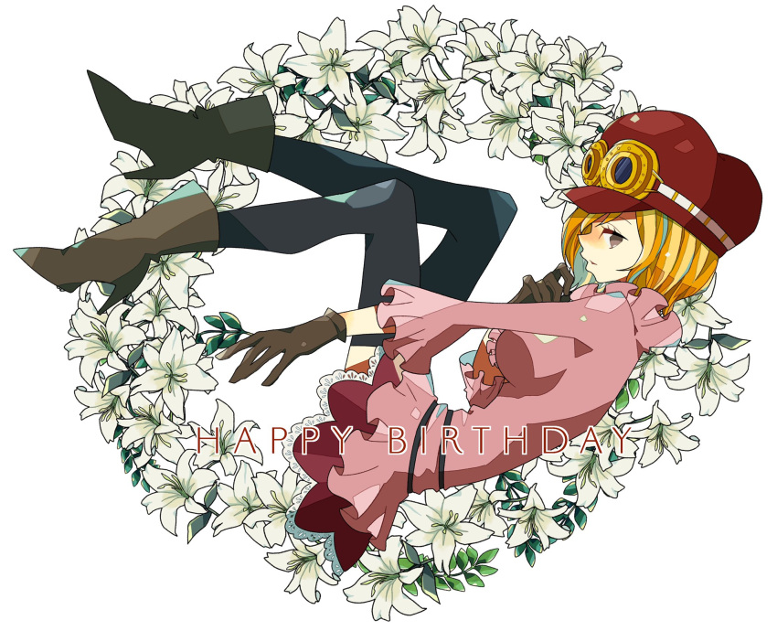 1girl black_pantyhose blonde_hair boots brown_eyes collar commentary_request flower frilled_collar frills gloves goggles goggles_on_head happy_birthday hat high_heels highres koala_(one_piece) looking_at_viewer miniskirt noise_pp one_piece pantyhose profile short_hair skirt solo