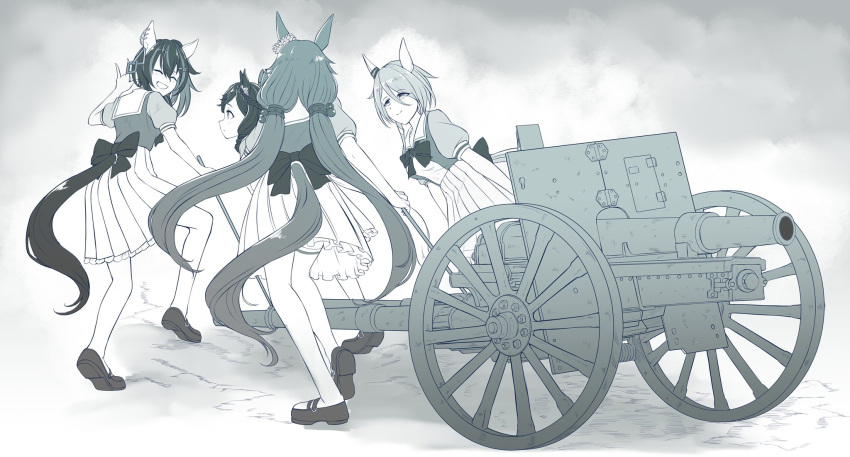 4girls animal_ears artillery breasts closed_eyes closed_mouth commission daiichi_ruby_(umamusume) daitaku_helios_(umamusume) highres horse_ears horse_girl horse_tail k.s.miracle_(umamusume) long_hair low_twintails medium_breasts medium_hair monochrome multiple_girls same_kujira_(challenger_310) school_uniform shoes simple_background skeb_commission standing tail thighhighs tracen_school_uniform twintails umamusume weapon wheel yamanin_zephyr_(umamusume)