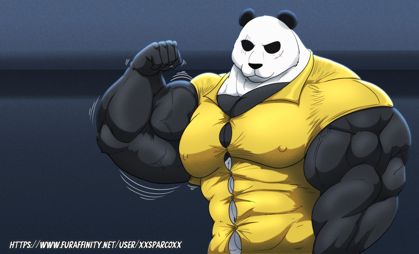 2023 anthro bear beastars bicep_curl big_muscles black_body black_fur clothing digital_media_(artwork) dress_shirt fur giant_panda gouhin_(beastars) hi_res male mammal muscular muscular_anthro muscular_male scar shirt solo topwear vein veiny_muscles white_body white_fur xxsparcoxx