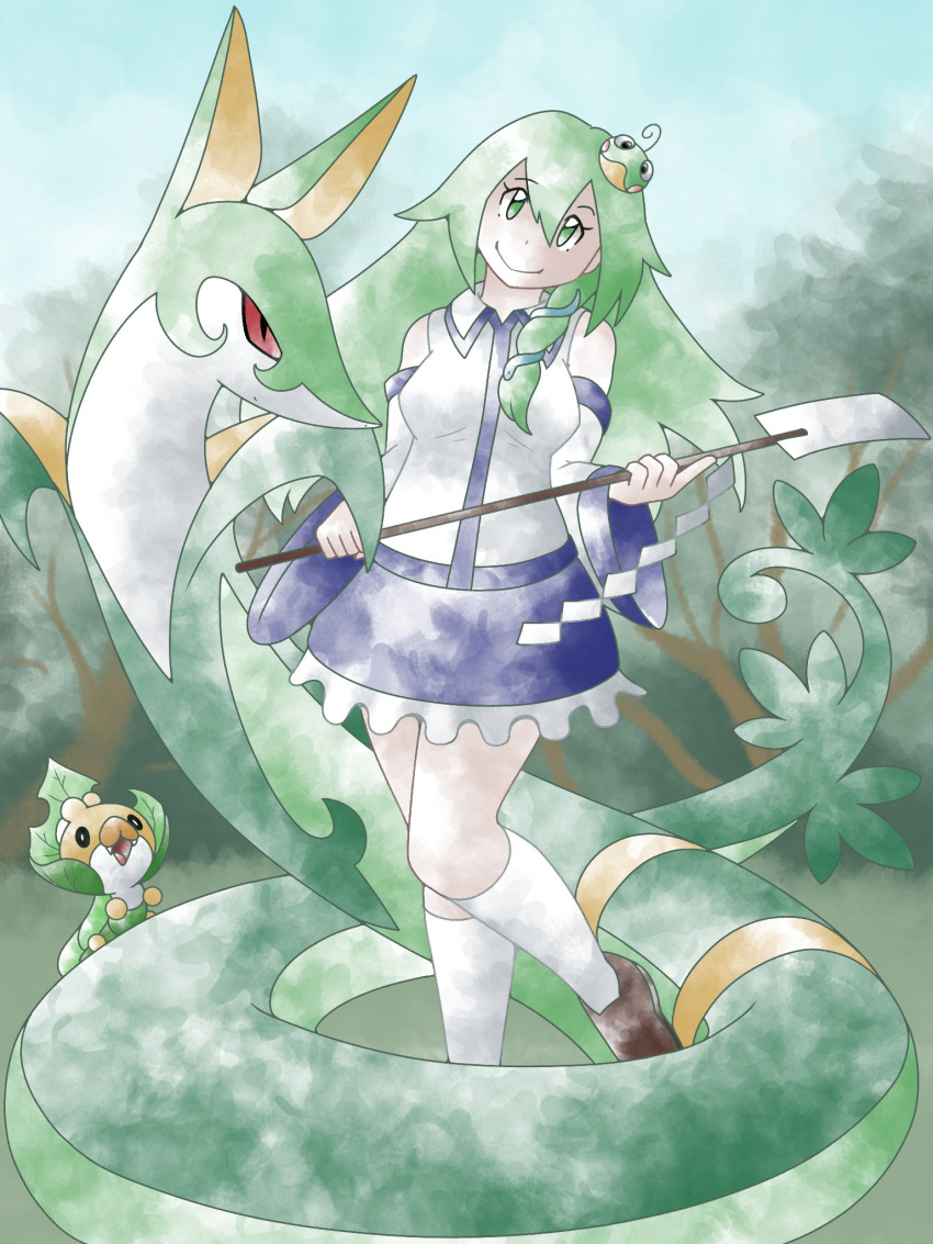 1girl blue_skirt closed_mouth commentary english_commentary frilled_skirt frills full_body gohei greatmothsucks green_eyes green_hair highres holding kochiya_sanae long_hair pokemon pokemon_(creature) politoed serperior sewaddle shide shirt skirt smile socks sugimori_ken_(style) touhou white_shirt white_socks wide_sleeves