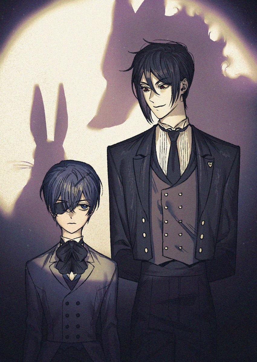 2boys arms_behind_back blue_eyes bow bowtie buttons ciel_phantomhive different_shadow double-breasted eyepatch gatan666 hair_between_eyes height_difference highres jacket kuroshitsuji long_sleeves looking_at_another looking_down looking_to_the_side male_focus monochrome multiple_boys necktie one_eye_covered pants rabbit red_eyes sebastian_michaelis short_hair side-by-side sideways_glance smile spot_color spotlight vest wing_collar wolf