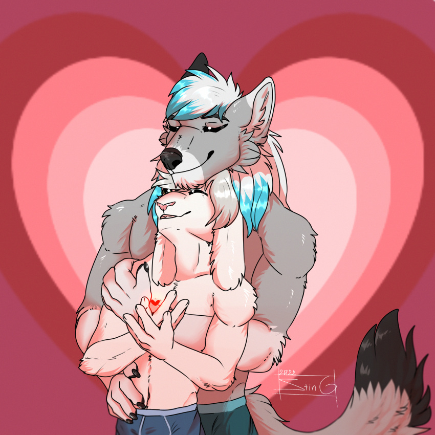 &lt;3 anthro canid canine canis dante_kinkade duo embrace hi_res holidays hug hugging_from_behind invalid_tag lagomorph leporid male male/male mammal nuzzling rabbit smile sting_12 valentine's_day wolf zack_(thezackrabbit)