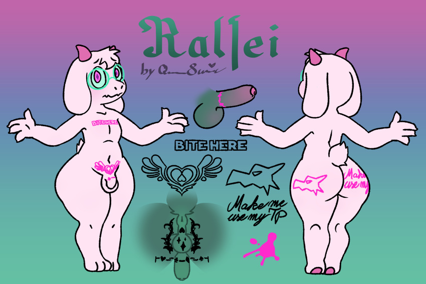 absurd_res anthro arms_out blush bovid butt butt_tattoo caprine chest_tattoo crotch_shot deltarune erection eyewear flaccid fluffy fluffy_tail fur genital_tattoo genitals glasses goat green_eyewear green_glasses hi_res male mammal nude pawpads penis penis_tattoo pink_eyes pink_pawpads pink_tattoo pubic_tattoo queen_susie ralsei signature solo tail tattoo tuft undertale_(series) white_body white_fur