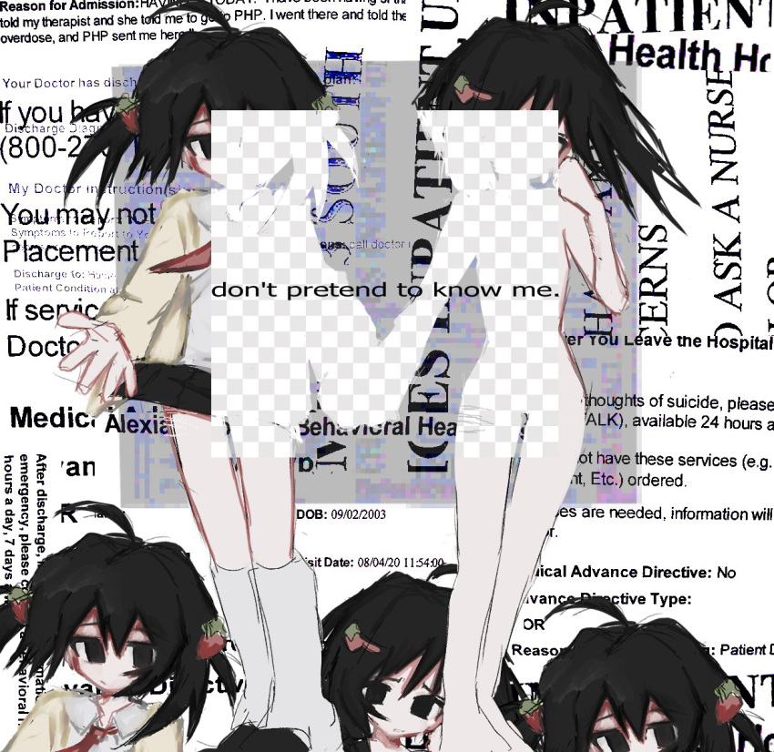 1girl black_eyes black_hair closed_mouth english_text fake_transparency hair_ornament highres multiple_views nude original simple_background skirt standing vanii white_background