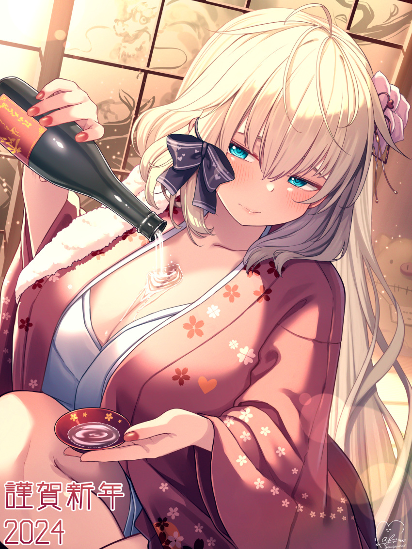 1girl 2024 akai_haato alcohol aqua_eyes blonde_hair blush bottle breasts choko_(cup) cleavage closed_mouth commentary_request cup flower hair_between_eyes hair_flower hair_ornament hair_ribbon happy_new_year highres holding holding_bottle hololive huge_breasts japanese_clothes kimono lips long_hair looking_at_viewer magowasabi manicure nail_polish new_year open_clothes open_kimono pink_kimono pouring pouring_onto_self ribbon sake signature sitting very_long_hair