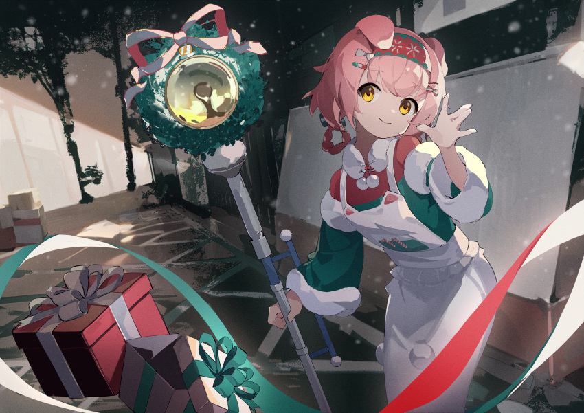 1girl absurdres animal_ears apron arknights bow braid cat_ears cat_girl christmas christmas_present christmas_wreath detached_sleeves feet_out_of_frame floral_print flower fur-trimmed_sleeves fur_collar fur_trim gift goldenglow_(arknights) goldenglow_(maiden_for_the_bright_night)_(arknights) green_sweater hair_bow hairband highres holding holding_staff long_hair long_sleeves looking_at_viewer official_alternate_costume outdoors pink_hair poinsettia red_hairband red_shirt shirt smile snow solo staff sweater tsurukiri white_apron white_bow wreath yellow_eyes