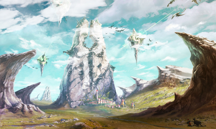 1other blue_sky building cliff commentary_request day defensive_wall dragon fantasy floating floating_object flock flying haguruma_rapt highres holding holding_staff horizon machine magic megastructure metal nature original outdoors plant rock ruins scenery sky staff standing stream tower town vines water western_dragon windmill