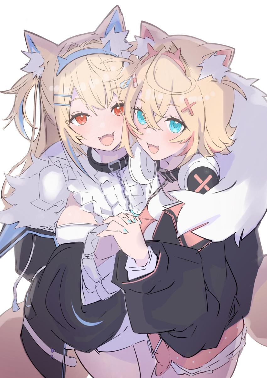 2girls absurdres animal_ear_fluff animal_ears ayumi_(ayumi05888572) blonde_hair blue_eyes blue_hair breasts collar dog_ears dog_girl fang fuwawa_abyssgard fuwawa_abyssgard_(1st_costume) hair_ornament headband highres holding_hands hololive hololive_english long_hair mococo_abyssgard mococo_abyssgard_(1st_costume) multicolored_hair multiple_girls open_mouth pink_eyes pink_hair pink_headband short_hair siblings sisters sketch skin_fang streaked_hair twins virtual_youtuber x_hair_ornament