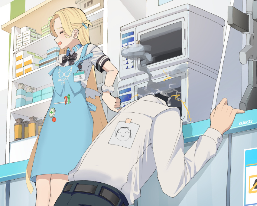 1boy 1girl absurdres apron artist_name blonde_hair blue_apron blue_archive blue_pants broken_glass character_request doodle_sensei_(blue_archive) gar32 glass highres long_hair medicine microwave pants sensei_(blue_archive) shirt sparks very_long_hair white_shirt