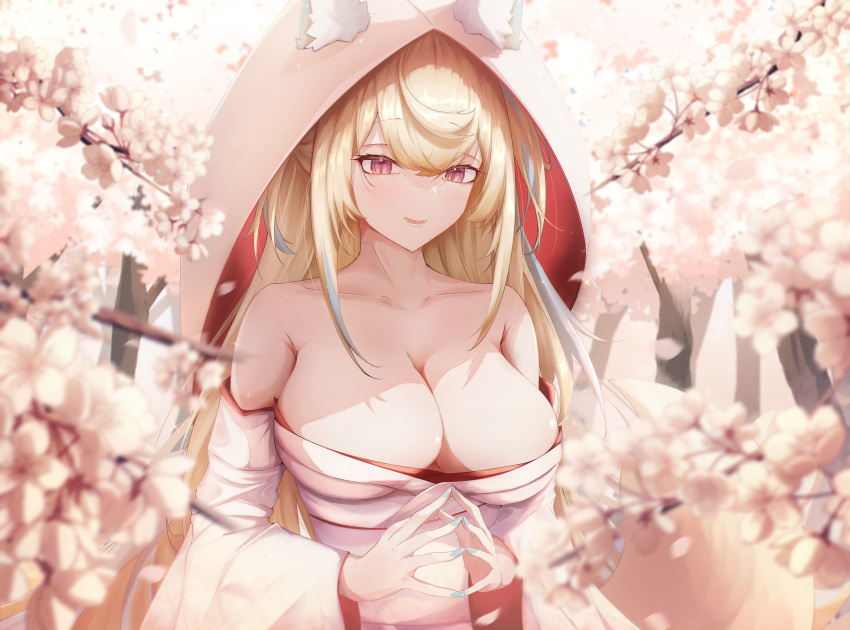 1girl absurdres alternate_costume animal_ear_fluff animal_ears blonde_hair blue_hair blue_nails breasts bride cherry_blossoms cleavage dog_ears dog_girl fuwawa_abyssgard highres hololive hololive_english japanese_clothes kimono large_breasts long_hair looking_at_viewer nail_polish omaigoodgoodeat open_mouth pink_eyes revealing_clothes sidelocks smile two_side_up uchikake virtual_youtuber wataboushi