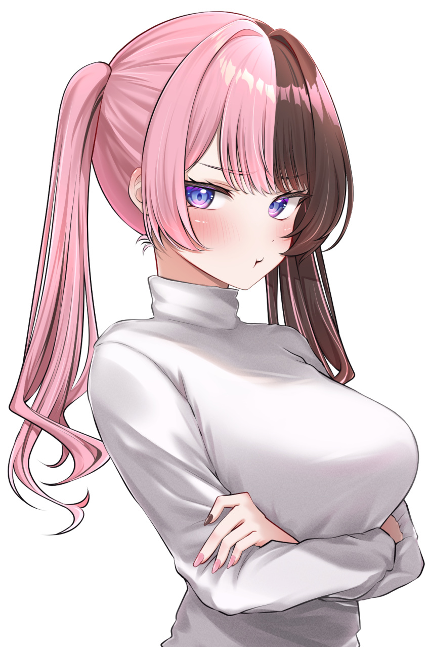 1girl blue_eyes blush breasts brown_hair brown_nails frown highres large_breasts long_hair long_sleeves looking_at_viewer looking_to_the_side multicolored_hair multicolored_nails nail_polish pink_hair pink_nails pout prsdubstep simple_background solo split-color_hair sweater tachibana_hinano_(vtuber) turtleneck turtleneck_sweater twintails two-tone_hair virtual_youtuber vspo! white_background white_sweater