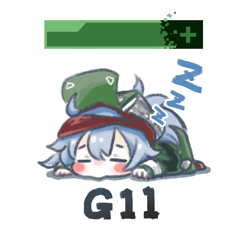 1girl blush_stickers character_name chibi chinese_commentary closed_eyes coat commentary_request g11_(girls'_frontline) girls'_frontline green_coat green_headwear grey_hair hair_between_eyes hat health_bar long_hair lying on_stomach red_footwear simple_background sleeping solo su_xiao_jei white_background zzz