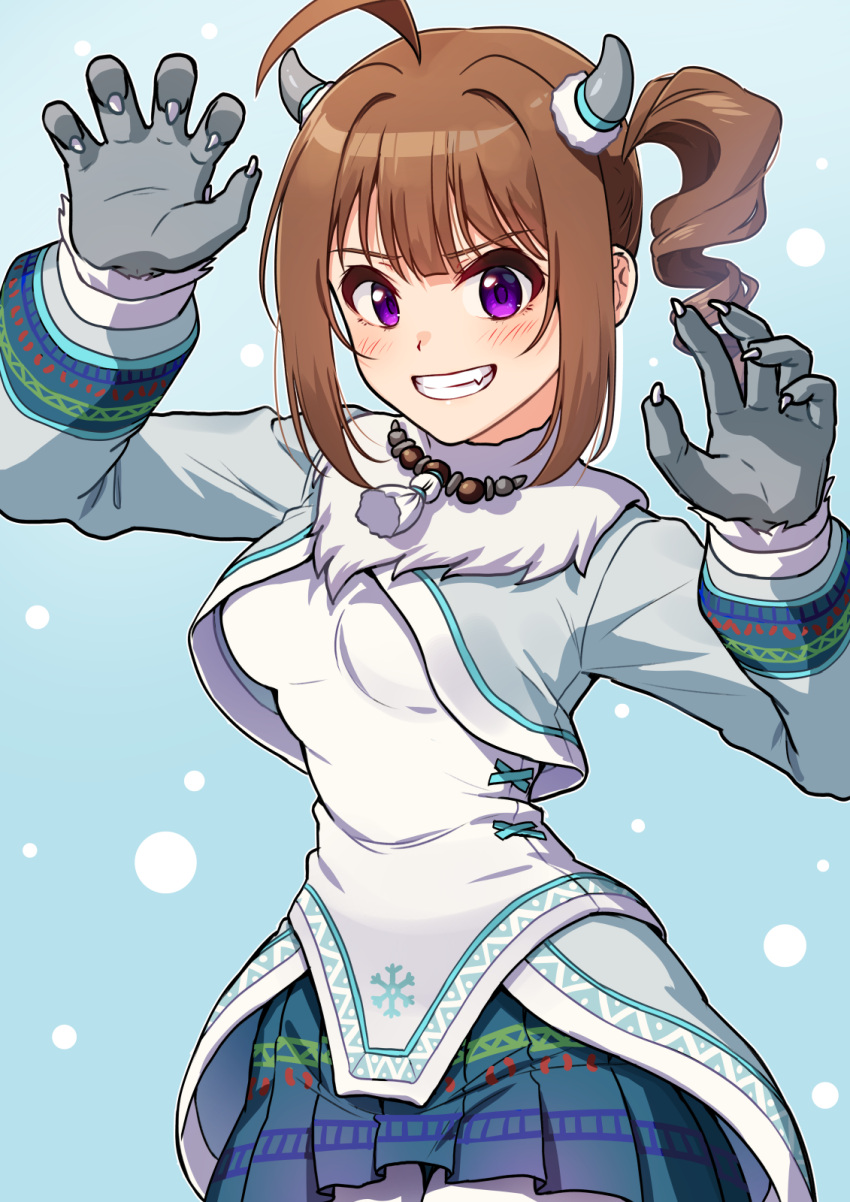 1girl ahoge blue_skirt blush breasts brown_hair claw_pose claws commentary drill_hair drill_ponytail fake_claws fake_horns fang fang_out gloves grey_gloves grey_horns grey_jacket grin highres horns idolmaster idolmaster_million_live! idolmaster_million_live!_theater_days jacket kamille_(vcx68) long_sleeves looking_at_viewer medium_hair miniskirt pleated_skirt purple_eyes revision shirt shrug_(clothing) side_drill side_ponytail sidelocks skirt smile solo standing teeth white_shirt yeti_costume yokoyama_nao