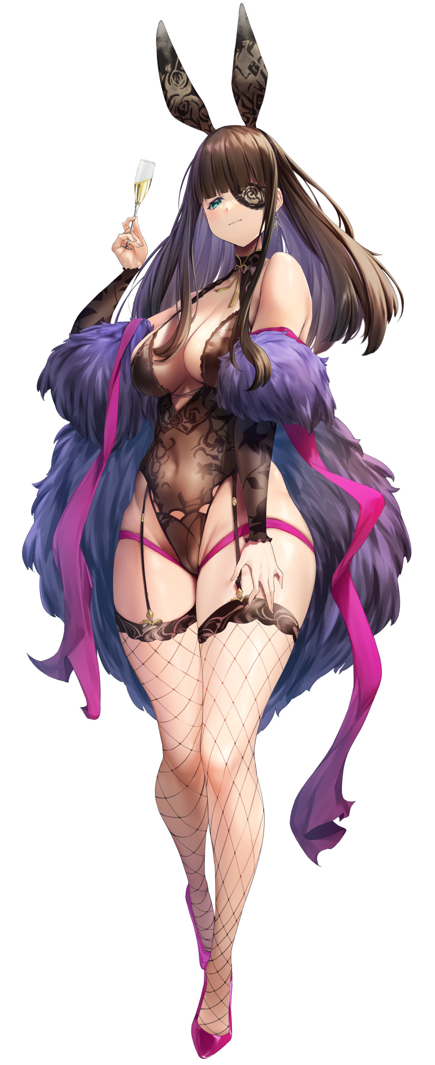 1girl absurdres alcohol animal_ears bare_shoulders black_hair black_leotard breasts brown_dust_2 celia_(brown_dust) center_opening champagne coat cup earrings eyebrows_hidden_by_hair eyepatch fake_animal_ears fishnet_thighhighs fishnets floral_print full_body fur_coat garter_belt green_eyes groin hand_on_own_thigh high_heels highres holding holding_cup jewelry large_breasts leotard long_hair nail_polish navel pink_footwear playboy_bunny rabbit_ears see-through see-through_leotard simple_background single_earring skindentation sleeveless_turtleneck_leotard solo stiletto_heels thigh_strap thighhighs white_background zah_takara