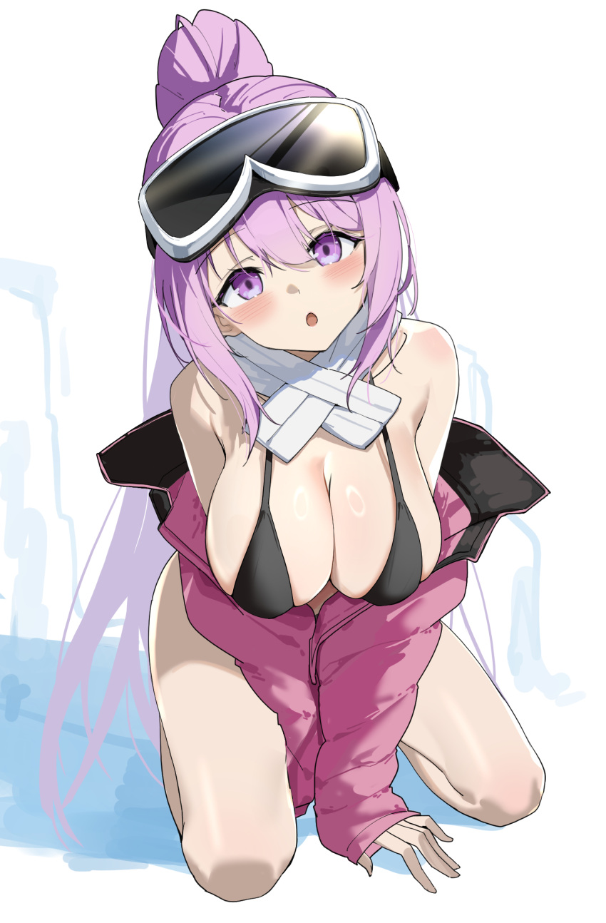 1girl bikini black_bikini blue_archive blush breasts cleavage deatheach eimi_(blue_archive) eimi_(swimsuit)_(blue_archive) fours goggles goggles_on_head highres jacket large_breasts long_hair long_sleeves looking_at_viewer open_mouth padded_jacket pink_eyes ponytail scarf simple_background ski_goggles sleeves_past_wrists solo swimsuit white_scarf