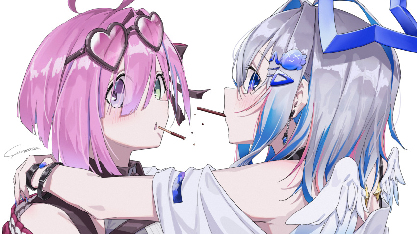 2girls absurdres ahoge amane_kanata angel angel_wings arms_around_neck blue_hair blue_nails blush food food_in_mouth green_eyes grey_hair hair_ornament hairpin halo heart heart-shaped_pupils heterochromia highres himemori_luna himemori_luna_(5th_costume) hololive hug looking_at_viewer medium_hair multicolored_hair multiple_girls nail_polish official_alternate_costume pink_hair pocky pocky_in_mouth pocky_kiss purple_eyes shirt short_hair star_halo streaked_hair symbol-shaped_pupils virtual_youtuber white_background white_shirt wings yo_na yuri