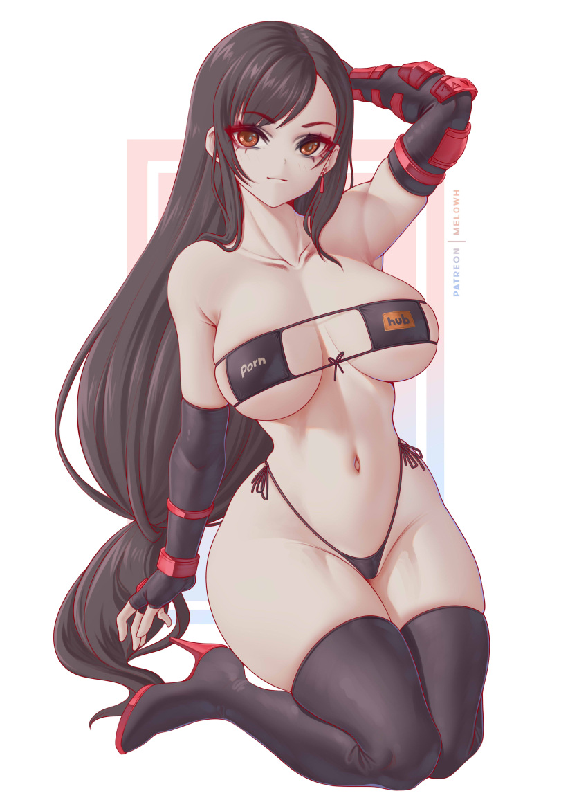 1girl absurdres bikini black_bikini black_gloves black_hair black_thighhighs breasts closed_mouth commentary earrings elbow_gloves eyepatch_bikini final_fantasy final_fantasy_vii fingerless_gloves gloves highres jewelry kneeling large_breasts long_hair looking_at_viewer melowh orange_eyes patreon_username pornhub red_footwear shoes side-tie_bikini_bottom solo swimsuit thighhighs thighs tifa_lockhart white_background