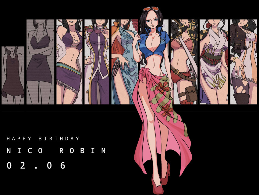 02mikan 1girl belt black_hair black_sash blue_jacket bra breasts child china_dress chinese_clothes cleavage coat commentary_request cropped_jacket crossed_arms dress eyewear_on_head floral_print hand_on_own_hip haori happy_birthday high_heels highres jacket japanese_clothes long_hair looking_to_the_side multiple_views nico_robin obi one_piece pants pink_bra pink_dress pink_sarong purple_pants red_footwear sarong sash short_dress sidelocks smile thigh_pouch underwear white_coat