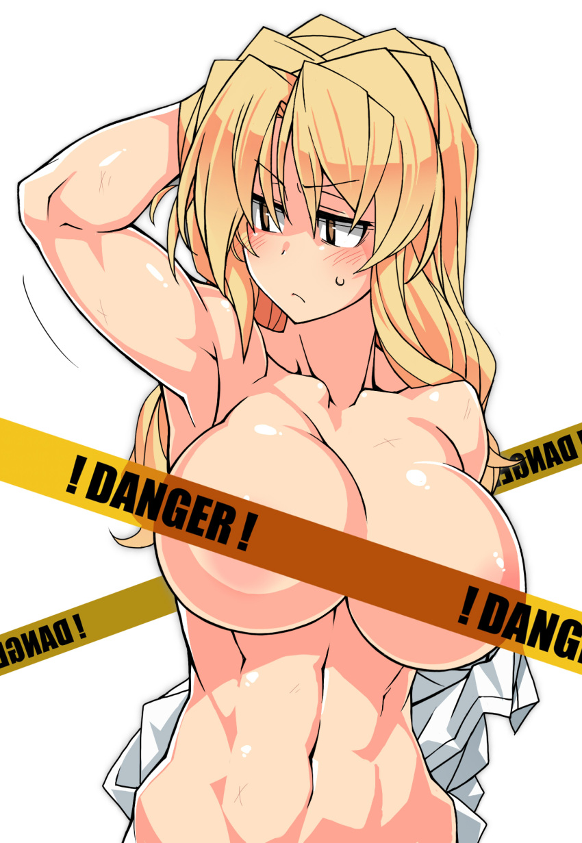 1girl abs arm_behind_head armpits blonde_hair blush breasts censored collarbone english_text hair_between_eyes highres kaitou_reiko large_breasts long_hair looking_to_the_side muscular muscular_female navel original oteruko_(wanabeee) out-of-frame_censoring scar scar_on_arm scar_on_chest scar_on_stomach shirt solo tape_censor toned unworn_shirt white_background white_shirt