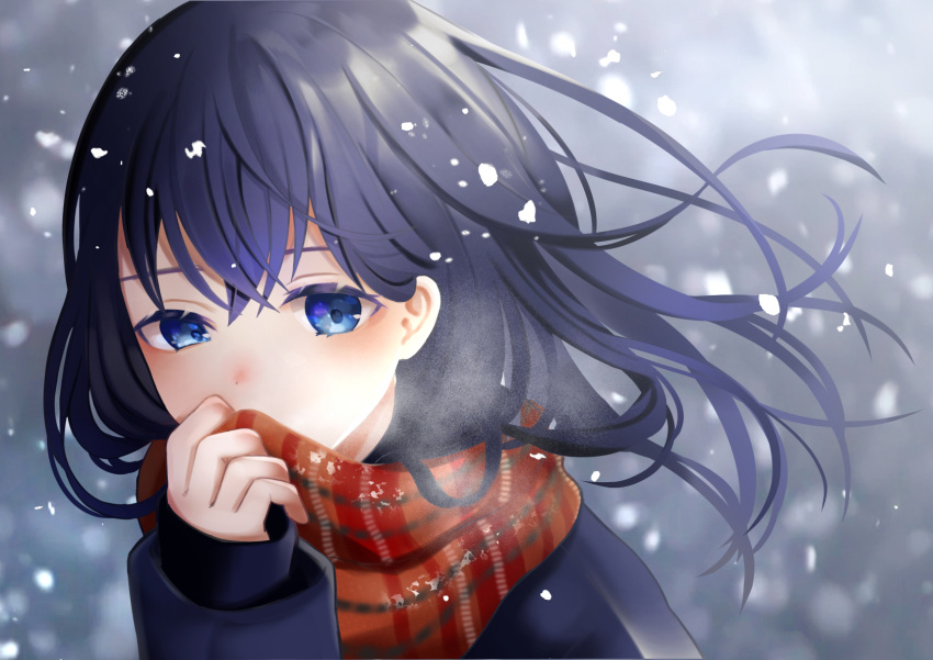 1girl blue_eyes blue_hair blush covering_mouth highres holding holding_clothes holding_scarf long_hair long_sleeves looking_at_viewer original outdoors plaid plaid_scarf scarf sleeves_past_wrists snowing solo upper_body watanacat wind