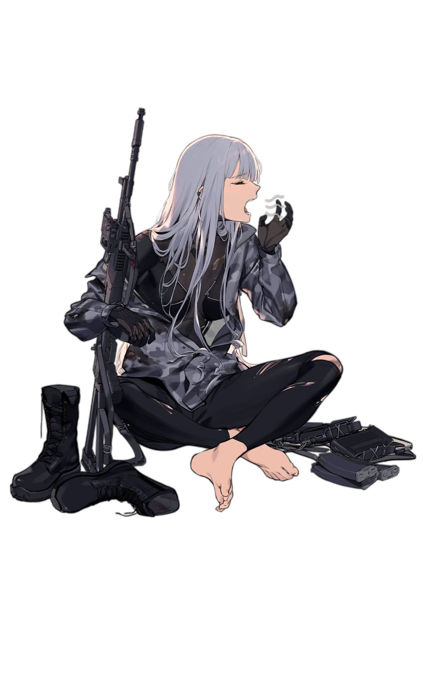 1girl ak-12_(girls'_frontline) barefoot boots camouflage closed_eyes duplicate gincho girls'_frontline grey_hair grey_jacket gun highres jacket long_hair long_sleeves open_mouth profile simple_background sitting solo tears torn_clothes unworn_boots weapon weapon_request white_background yawning