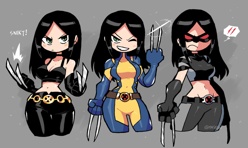 absurdres belt black_gloves blue_gloves bodysuit breasts claw_(weapon) claws cleavage crop_top cropped_legs frown gloves highres leather leather_pants long_hair marvel mask multiple_persona navel official_alternate_costume pants rariatto_(ganguri) smile sound_effects stomach superhero weapon x-23 x-men