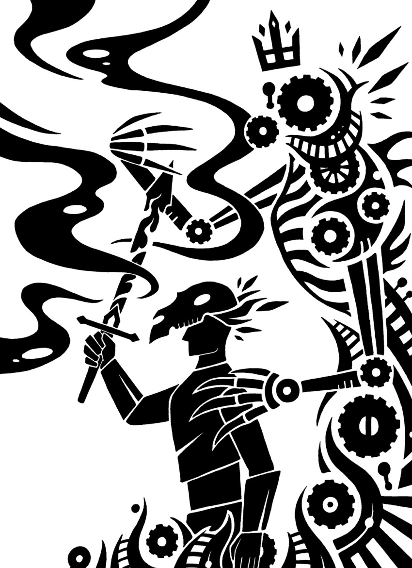 2015 4_fingers 5_fingers ambiguous_gender armor black_and_white breastplate cogwheel crown deity digital_drawing_(artwork) digital_media_(artwork) duo fingers gear gears headgear hi_res human humanoid larger_ambiguous larger_humanoid machine male mammal mask mekhane_(scp_foundation) melee_weapon monochrome not_furry robot scp-2307-1 scp-2307-2 scp_foundation silhouette simple_background size_difference skull_mask smaller_human smaller_male sunnyclockwork sword vambrace weapon white_background