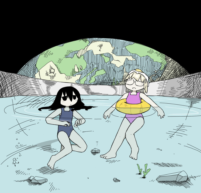 2girls barefoot birdweon black_eyes black_hair blonde_hair blue_one-piece_swimsuit closed_eyes earth_(planet) egg egg_(food) egg_hair_ornament expressionless food food-themed_hair_ornament food_on_head fried_egg glasses hair_ornament highres multiple_girls object_on_head one-piece_swimsuit open_mouth parody pink_one-piece_swimsuit planet pool rock shimeji_simulation space style_parody swimsuit tsukumizu_yuu_(style) tsukushima_shijima water yamashita_majime