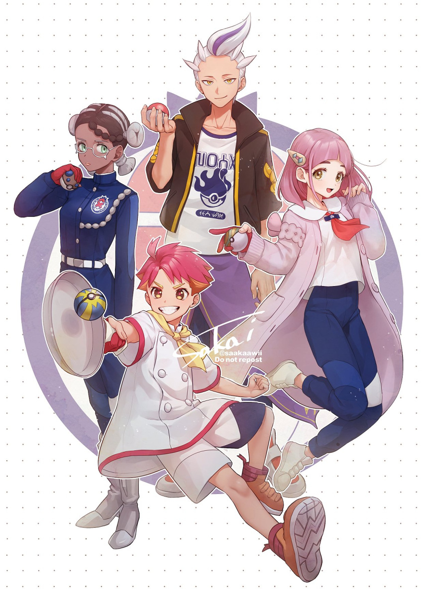 2boys 2girls :d amarys_(pokemon) arched_bangs belt belt_buckle blue_jacket blue_pants boots brown_hair buckle buttons coat collared_shirt commentary_request crispin_(pokemon) dark-skinned_female dark_skin drayton_(pokemon) frying_pan gloves hair_ornament hairclip heavy_ball highres holding holding_frying_pan holding_poke_ball jacket knees lacey_(pokemon) long_sleeves multiple_boys multiple_girls open_clothes open_coat open_jacket open_mouth orange_footwear pants pink_hair poke_ball pokemon pokemon_sv quick_ball red_gloves sakai_(motomei) shirt shoes shorts smile standing white_belt white_jacket white_shirt white_shorts