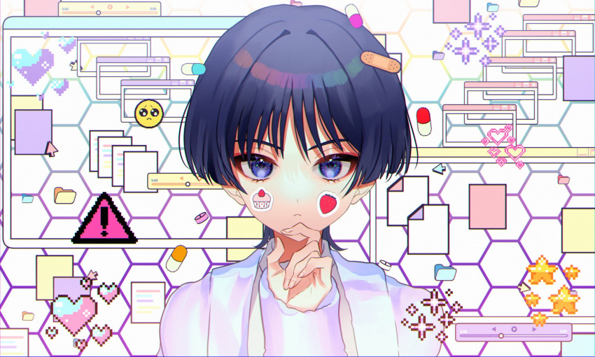 1boy blackchild_owl blue_eyes closed_mouth genshin_impact highres jacket long_sleeves male_focus purple_hair scaramouche_(genshin_impact) short_hair simple_background solo sticker sticker_on_face thick_eyebrows