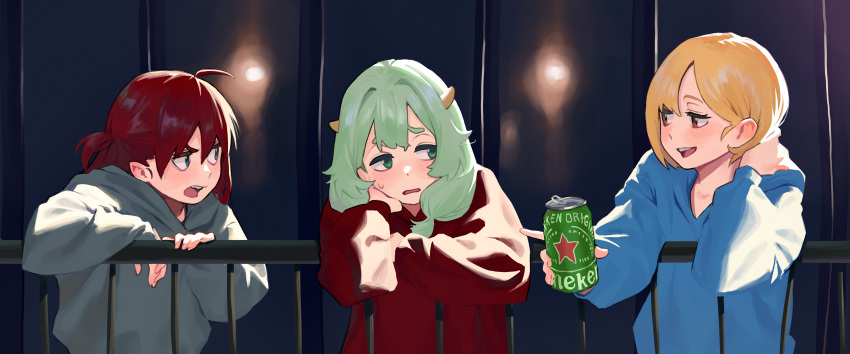 3girls absurdres against_railing ahoge beer_can blue_eyes blue_shirt blush brown_eyes can drink_can english_commentary green_eyes green_hair grey_shirt hand_on_own_cheek hand_on_own_face hand_on_own_neck heineken highres hipa_(some1else45) holding holding_can horns jitome long_hair looking_at_another multiple_girls nahia_(some1else45) night one_side_up open_mouth original outdoors pointy_ears product_placement railing red_shirt sekoshi_(some1else45) shirt short_hair smile some1else45 sweatdrop upper_body v-shaped_eyebrows